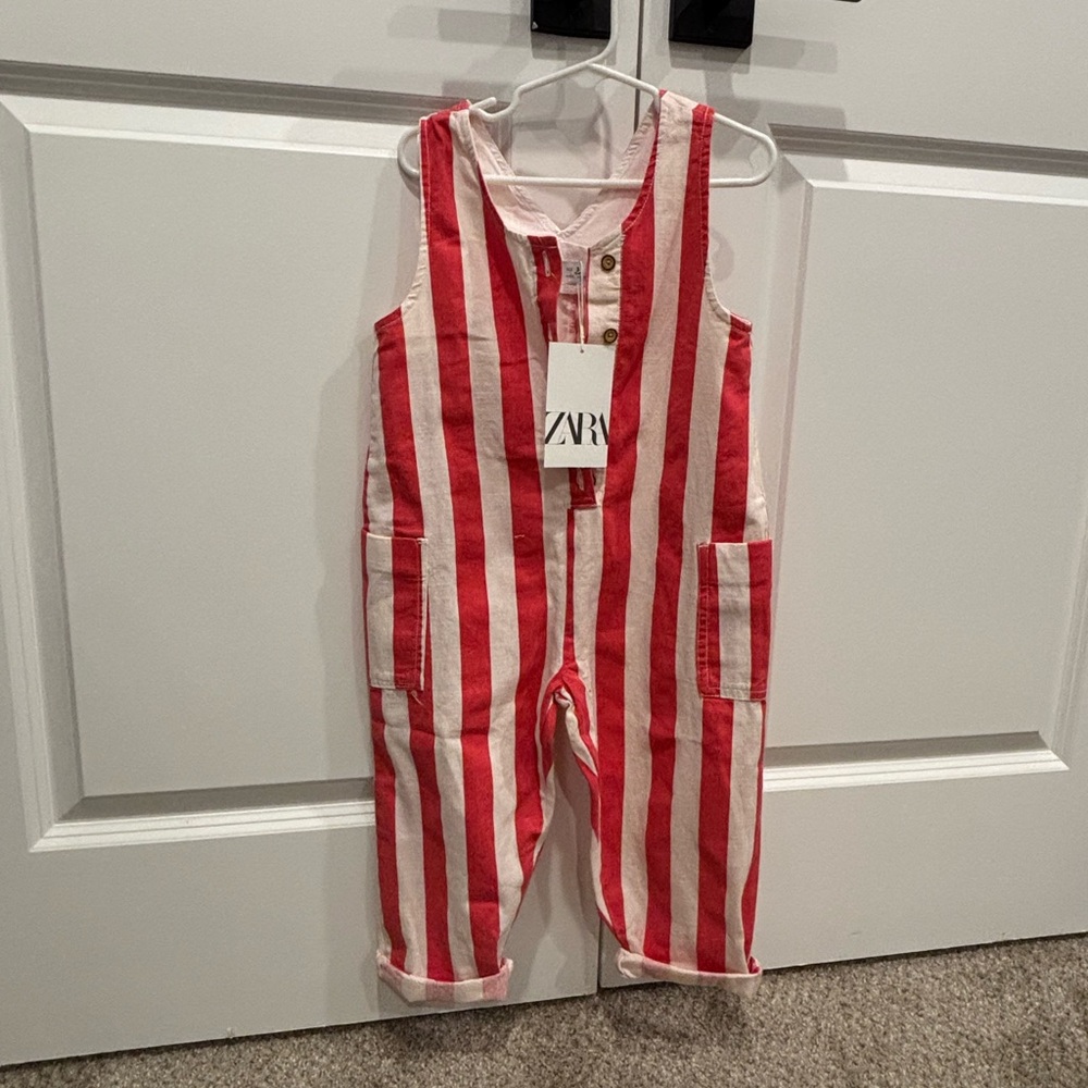 Zara Red and White Striped Overalls